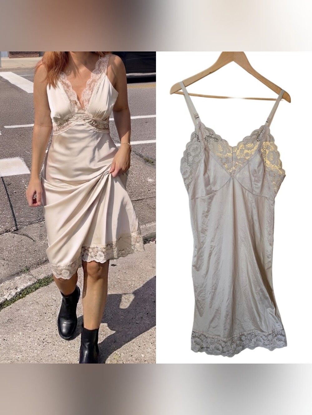 Lady Romance Vintage Lace Slip Dress Size 40 Champagne Satin Chemise Lingerie
